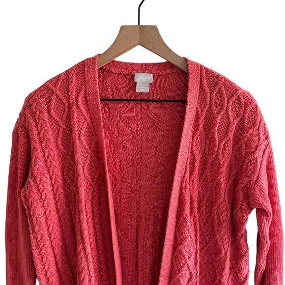 Chico’s Open Front Cable Knit Cardigan Sweater Size S Cashmere Wool Blend Cozy - Picture 2 of 16